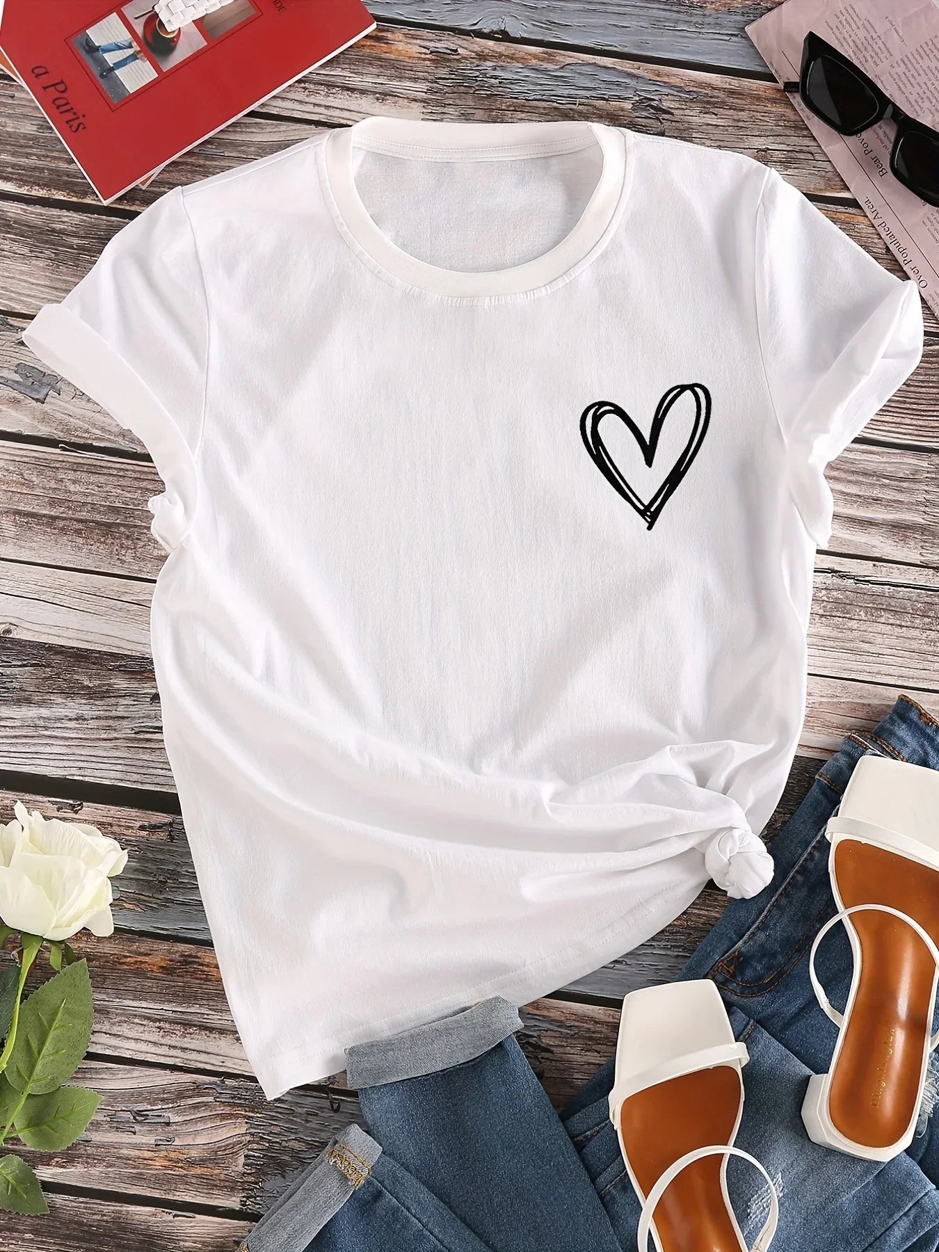 Heart Print Casual T-Shirt for Women, Crew Neck Short Sleeve Everyday Top