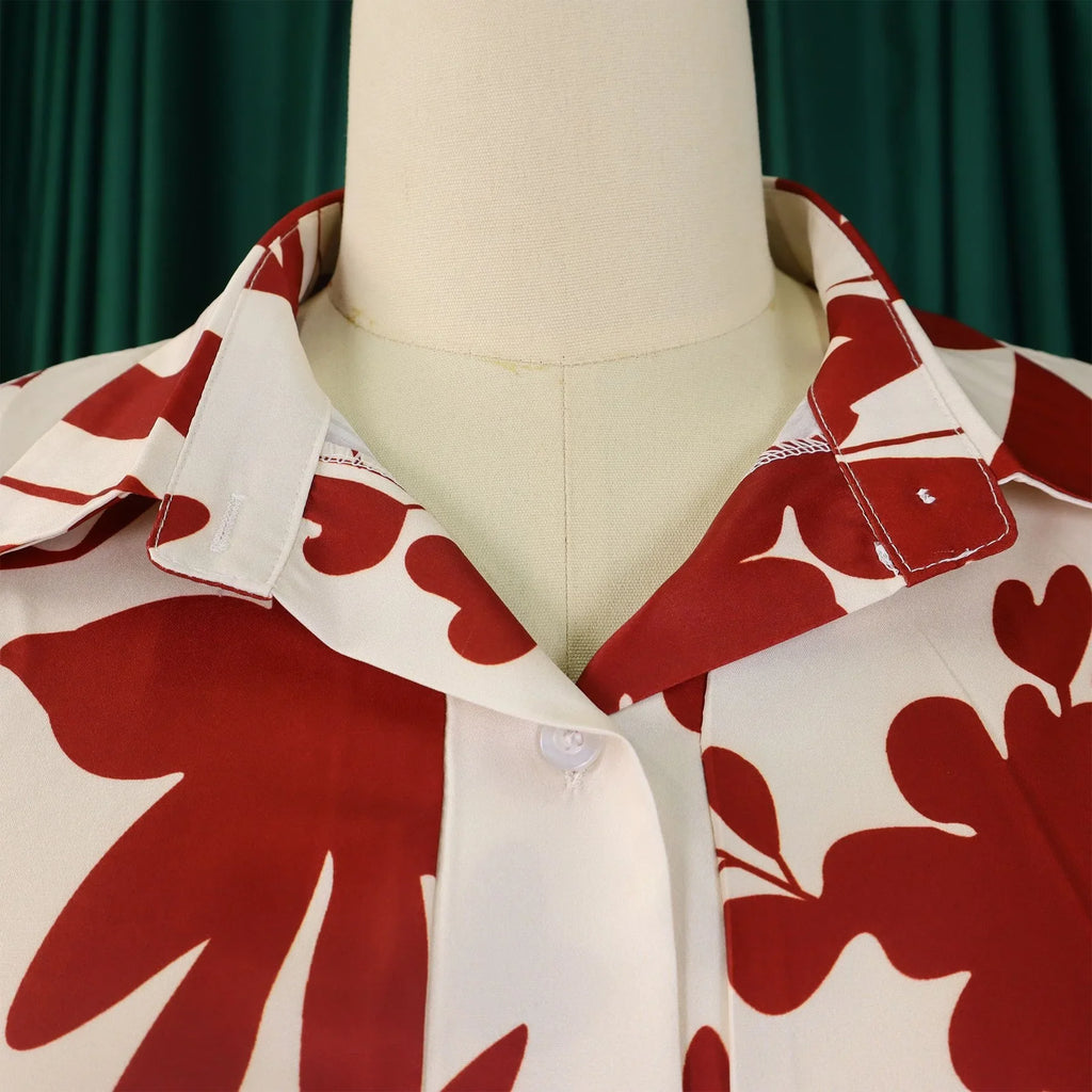 Printed Dress For Women Elegant Turn Collar Ankle Length