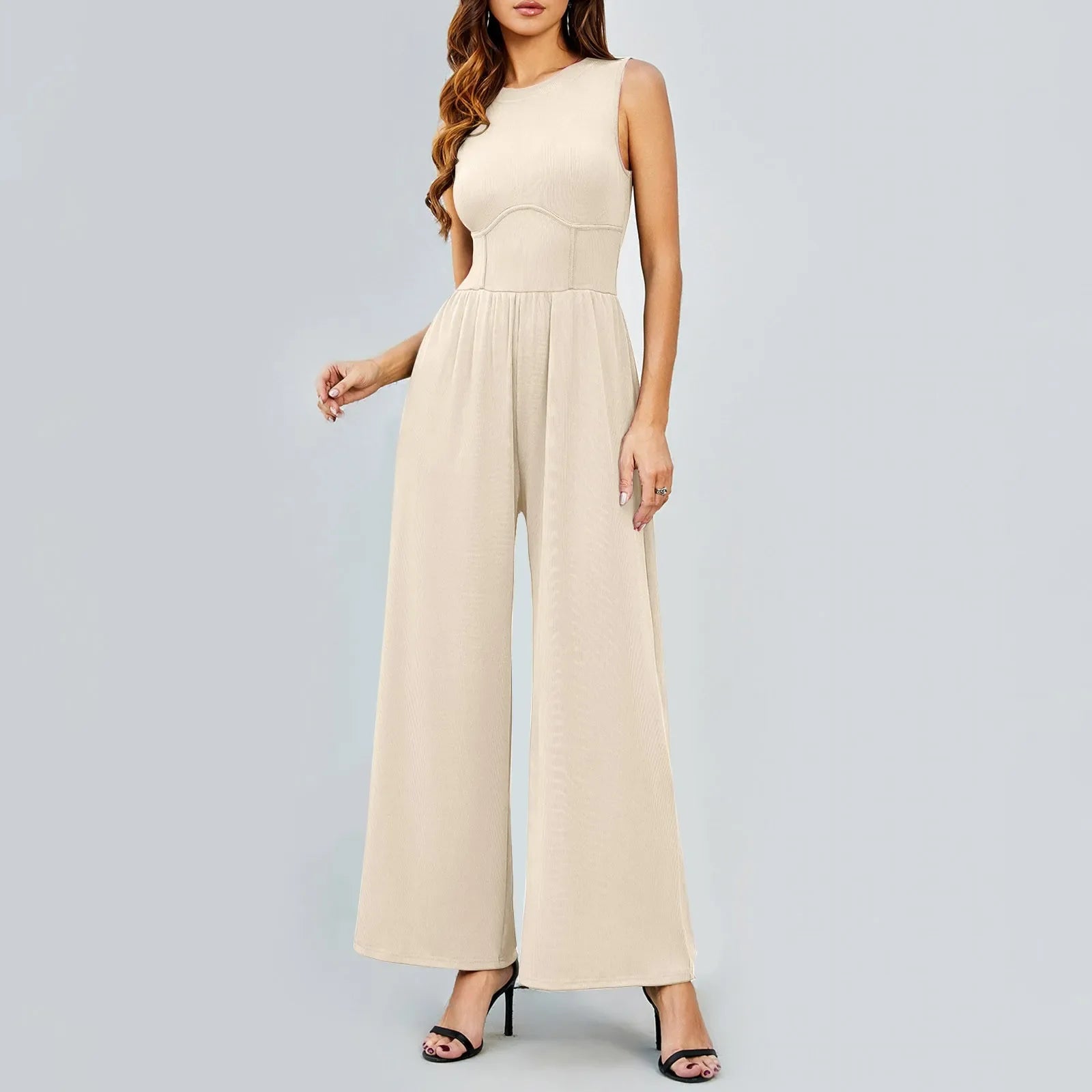 Women Sleeveless High Neck Ribbed Tank Top Jumpsuit Wide Leg Pants Romper with Tummy Control and High Waist Casual Summer Outfit
