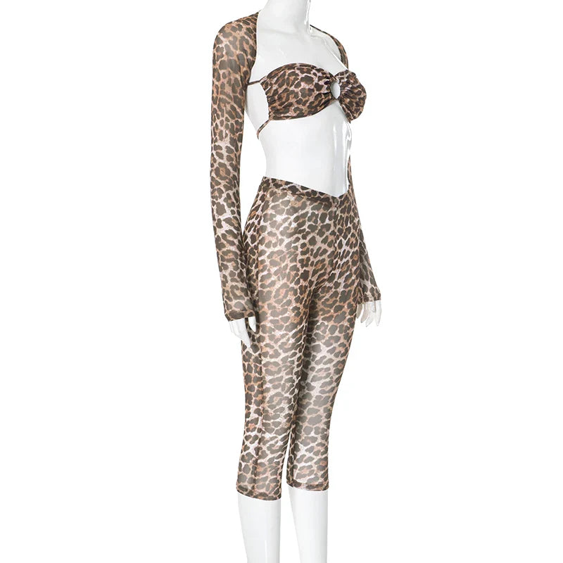 Leopard Print Mesh Long-Sleeved See-Through Sexy Set with Lace-Up Bustier, Short Shawl and Elastic Waist Pants