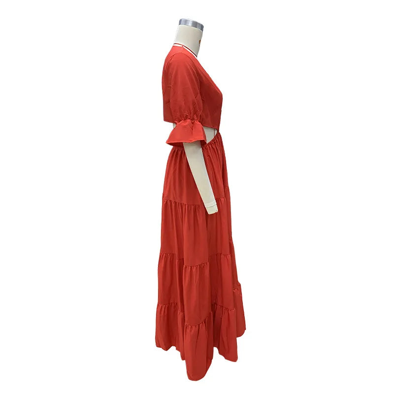 Flare Sleeve Maxi Sundress With Deep V Neck For Women