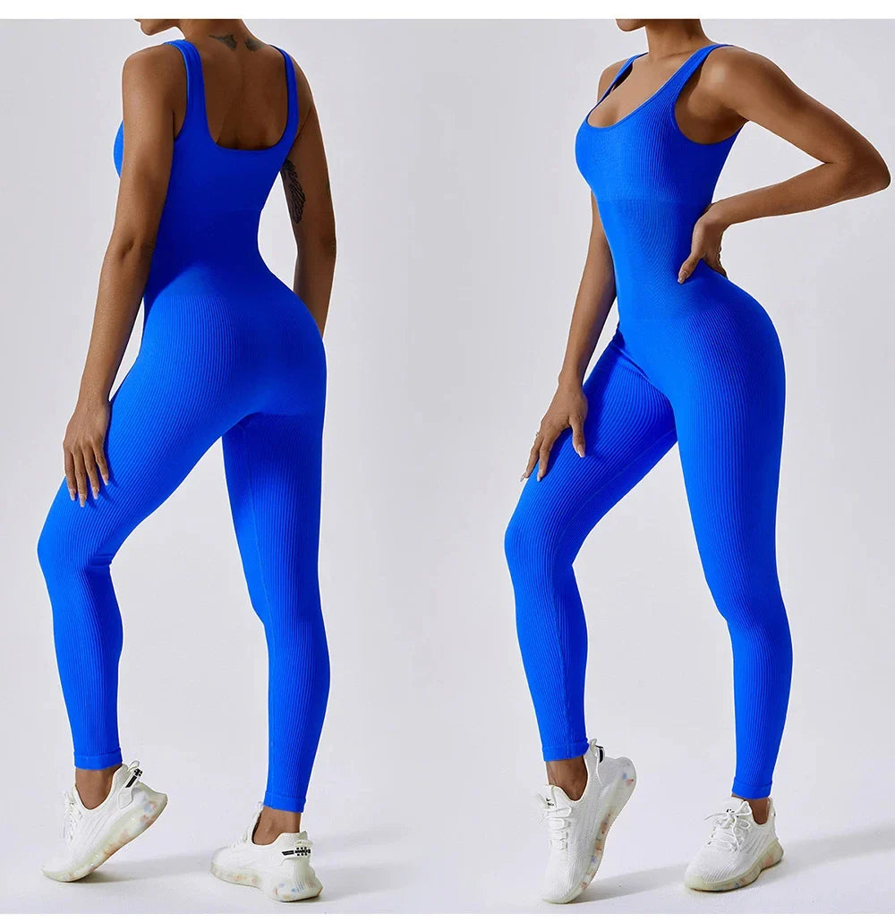Women's Fitness Seamless Sleeveless Jumpsuit with Corset Waist Casual Outdoor One-Piece Overalls Pants Set