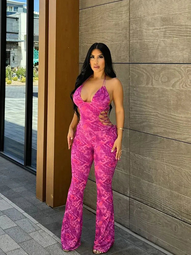 Backless Tie-Dye Side Shirring Jumpsuit for Women Sleeveless Skinny Overalls Sexy Clubwear and Workout Midnight Party Outfit