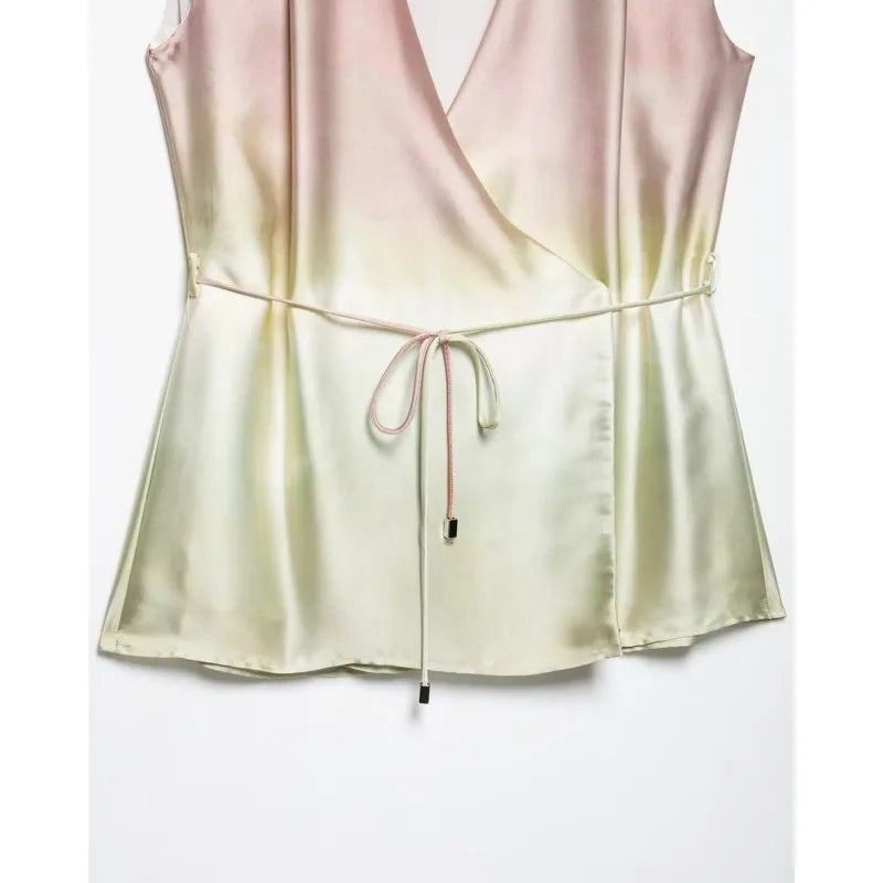 Women Tie Dye Two Piece Set Casual V Neck Waistcoat and Wide Leg Trousers with Shoulder Pads