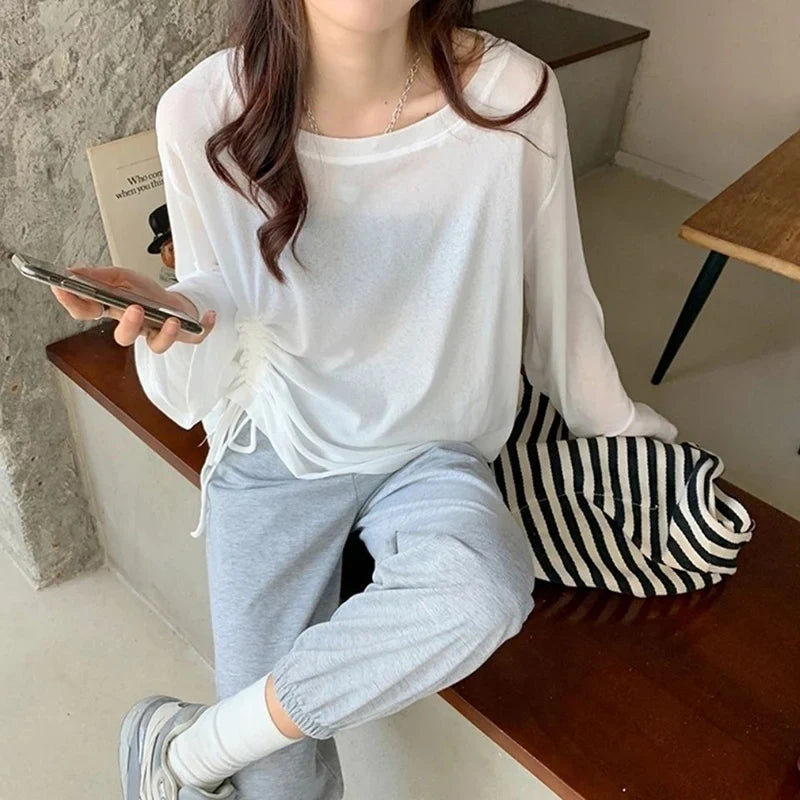 Rimocy Women Ice Silk Long Sleeve Sunscreen T Shirts for Summer Fashion with Drawstring Loose Fit