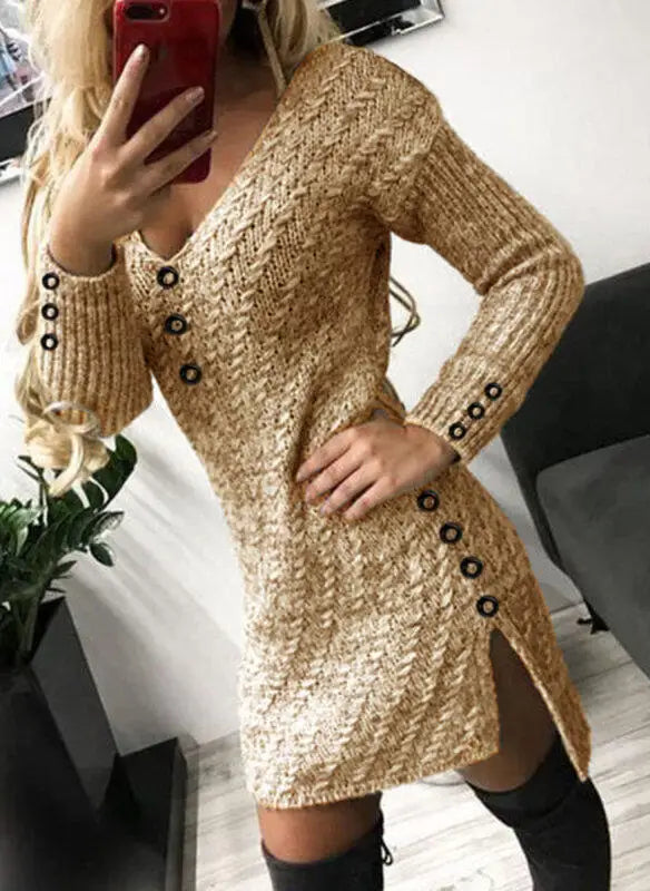 V Neck Knitted Dress Slim Fit Autumn Winter Solid Color