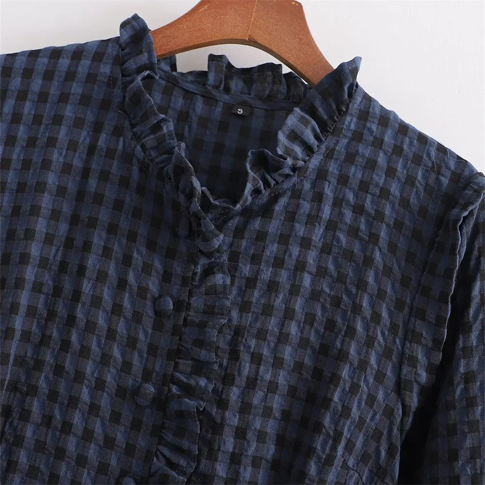 Women's Slim Fit Plaid Jumpsuit with Lace Collar Long Sleeves Casual Elegant Office Wear