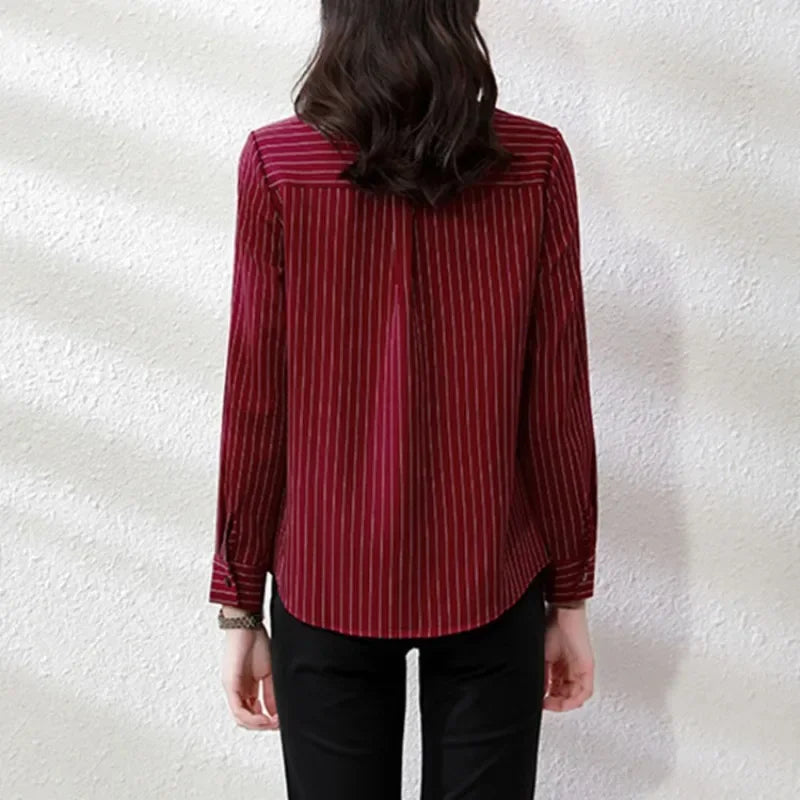 Striped Long Sleeve Women Shirt Button Up Blouse Lightweight Chiffon Tops Elegant Casual Office Wear