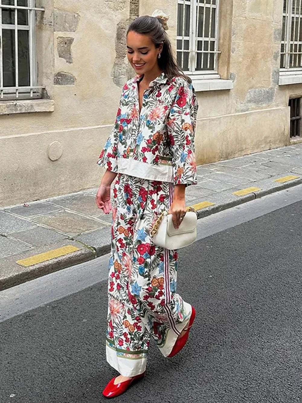 Women's Bohemian Casual Trousers Set with Long Sleeve Shirt and High Waisted Wide Leg Pants