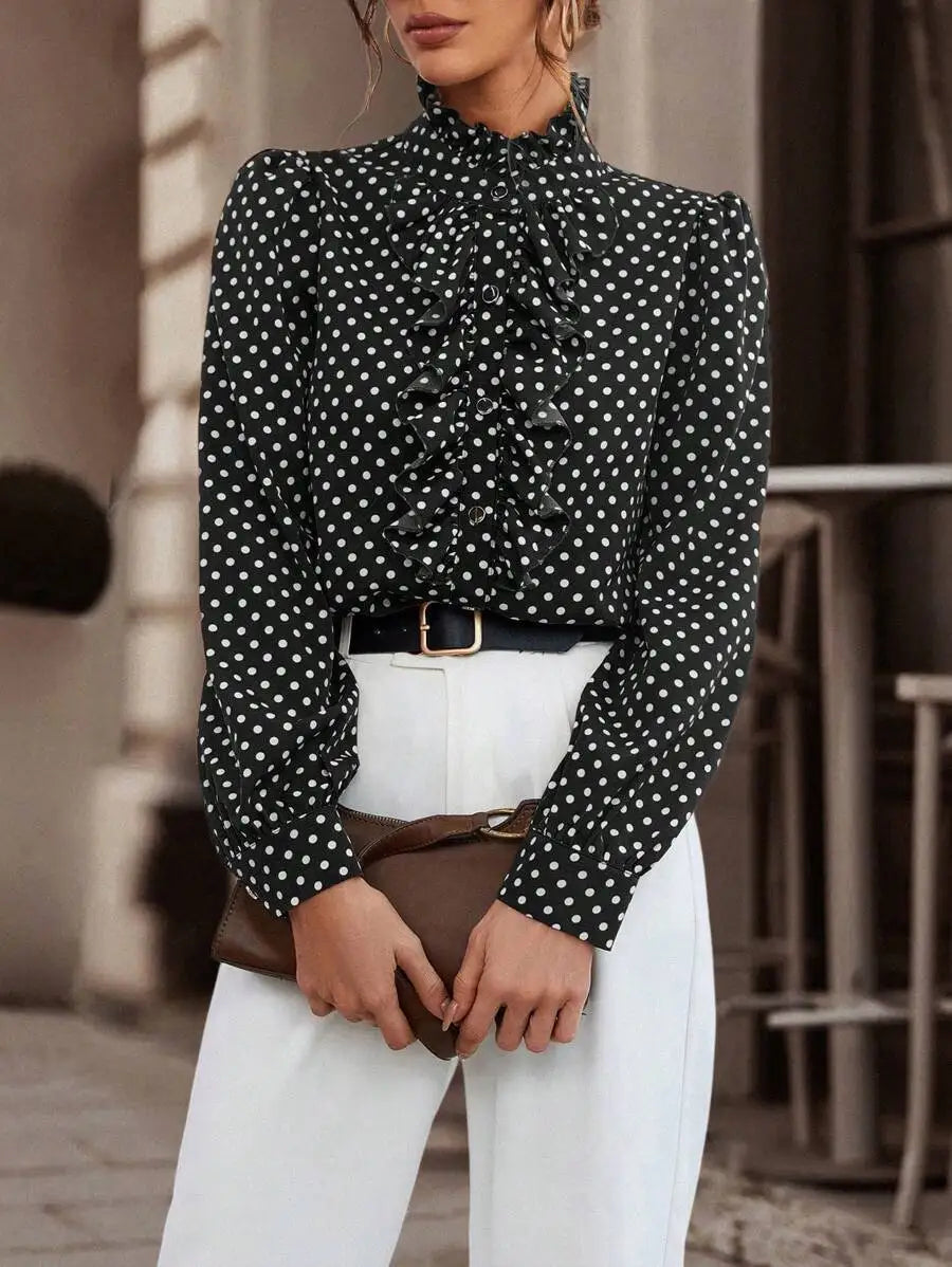Long Sleeve Polka Dot Button Shirt for Women with Ruffle Detail Elegant Office Blouse Casual Fashion Top
