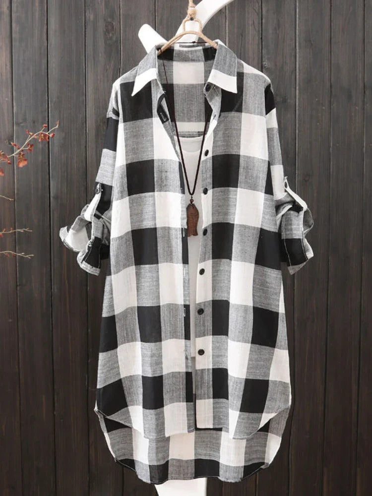 Casual Plaid Linen Cotton Long Sleeve Blouse Mid Length Loose Button Down Shirt for Women Autumn and Winter Fashion