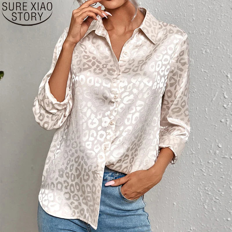 Elegant Long Sleeve Leopard Jacquard Blouse for Women with Turn Down Collar and Button Front Office Shirt Autumn Spring Fashion Top