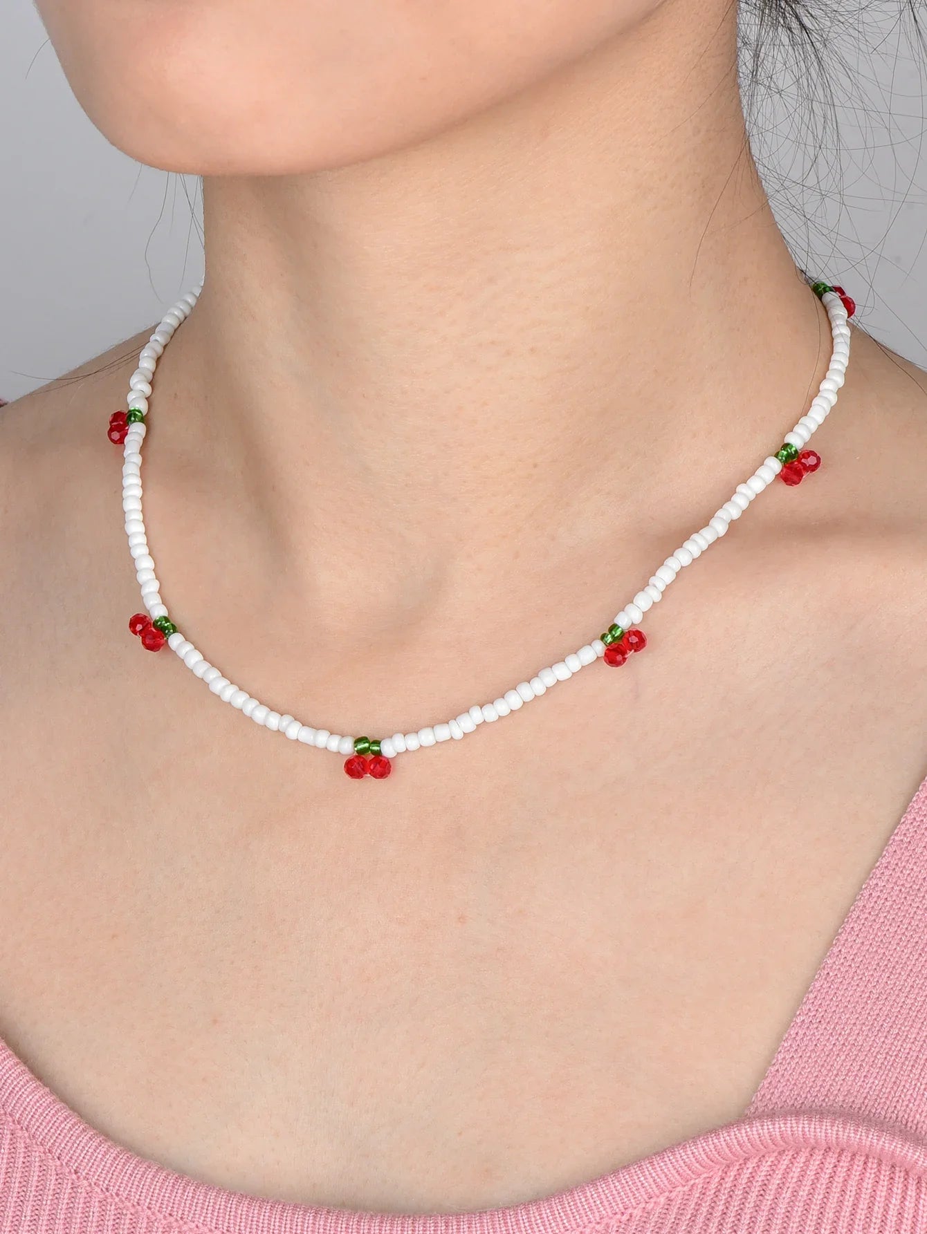 Summer Strawberry Cherry Beaded Necklace for Women - Fresh and Lovely Rice Beads