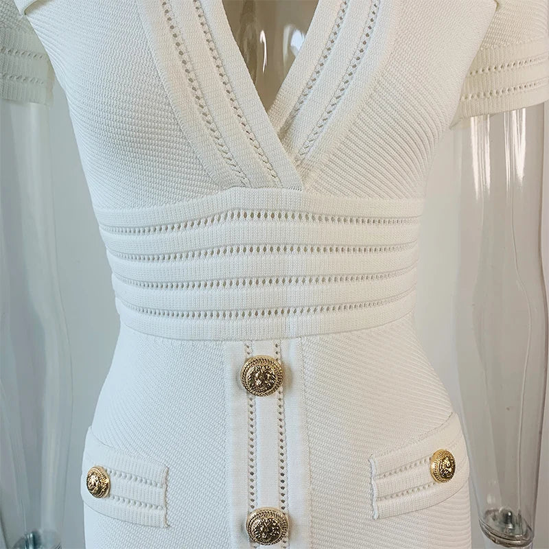 V Neck Knit Short Sleeve Black Sheath Dress With Elastic