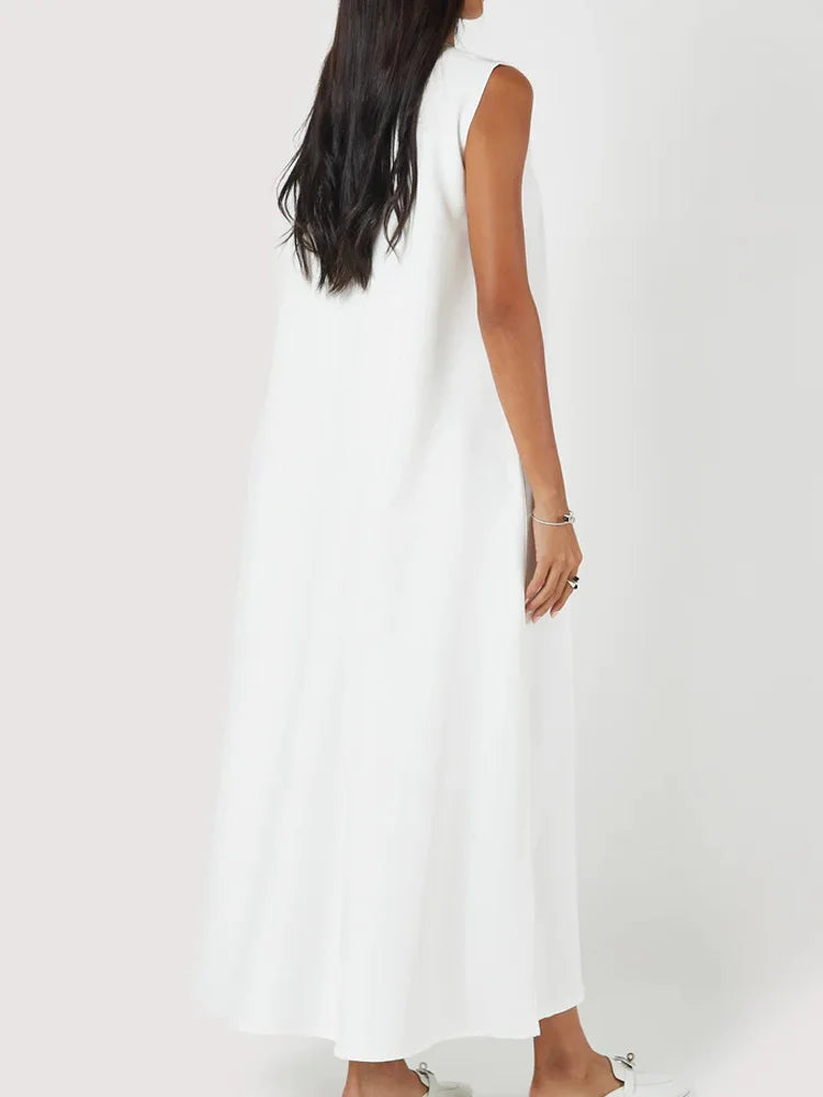 Casual White Dress Loose Round Neck Draped Straight Skirt