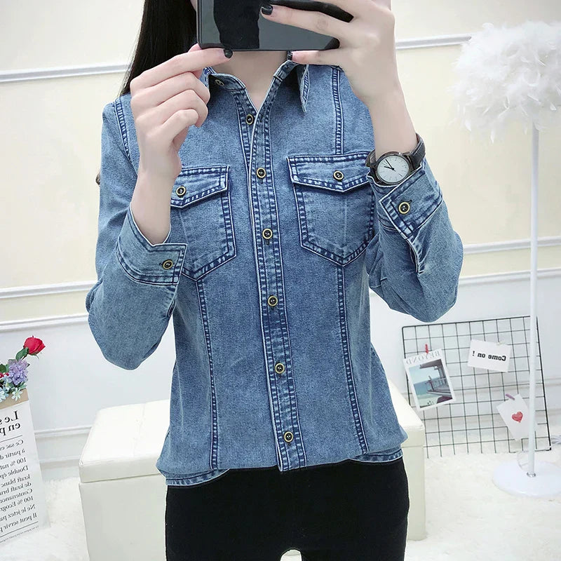 Women's High Quality Denim Shirt Long Sleeve Single Button Blouse with Pockets Casual Korean Style Autumn Winter Top