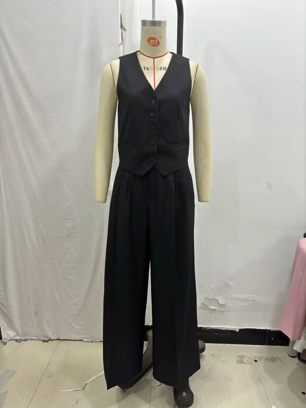 Solid Sleeveless V-Neck Vest and High Waist Zipper Loose Pants Set for Office and Casual Wear