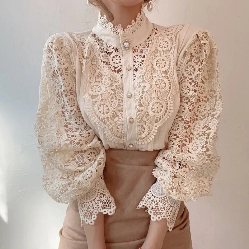 Women's Spring Summer Hollow Out Lace Blouse with Chic Button Detail Vintage Stand Collar Long Puff Sleeve Top