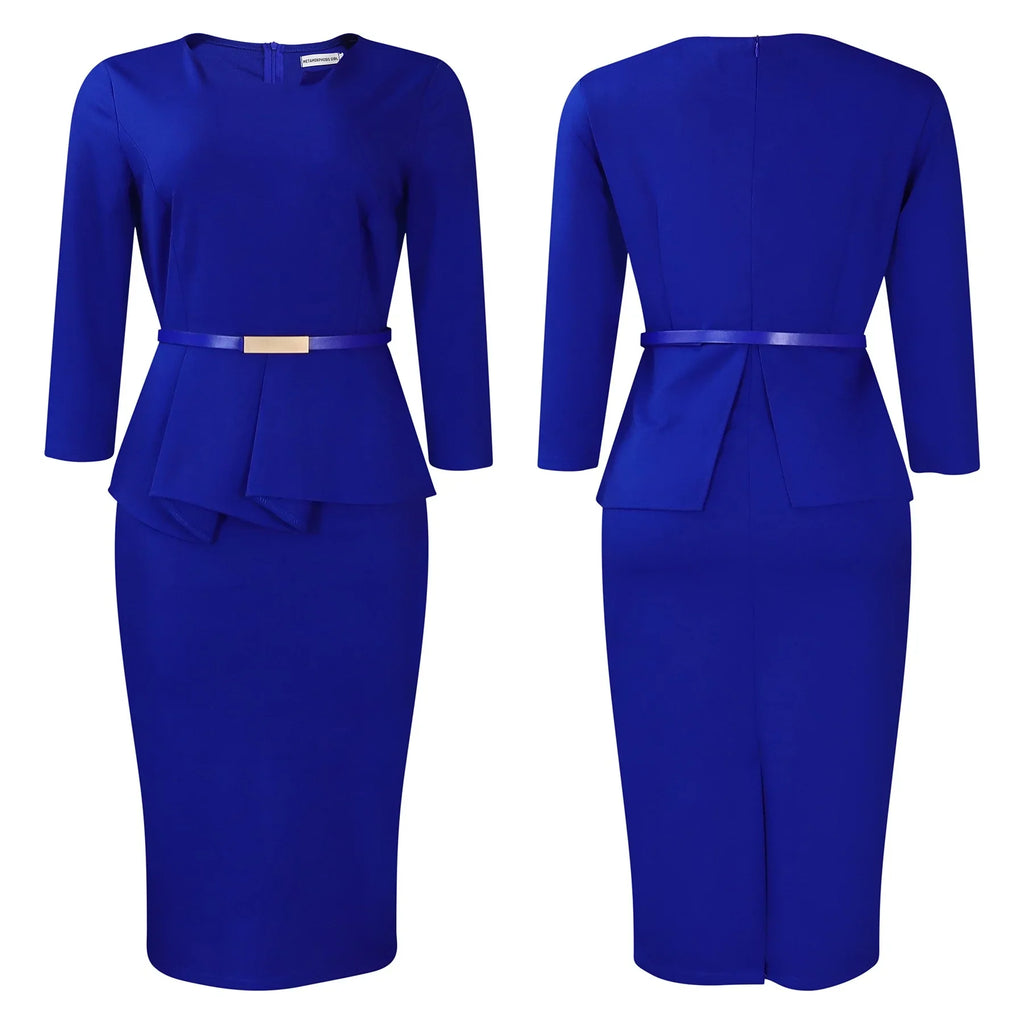 Women's Office Dress Sheath Belted Mid Calf Formal Wear