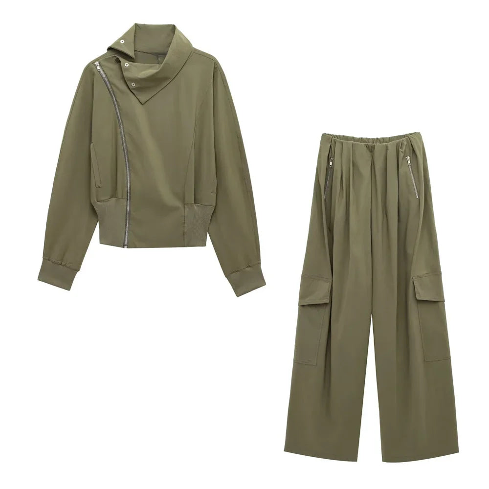 Olive Green Cowl Neck Asymmetric Zip Jacket with Elastic Waist Wide Leg Cargo Pants Set for Trendy Women's Fashion