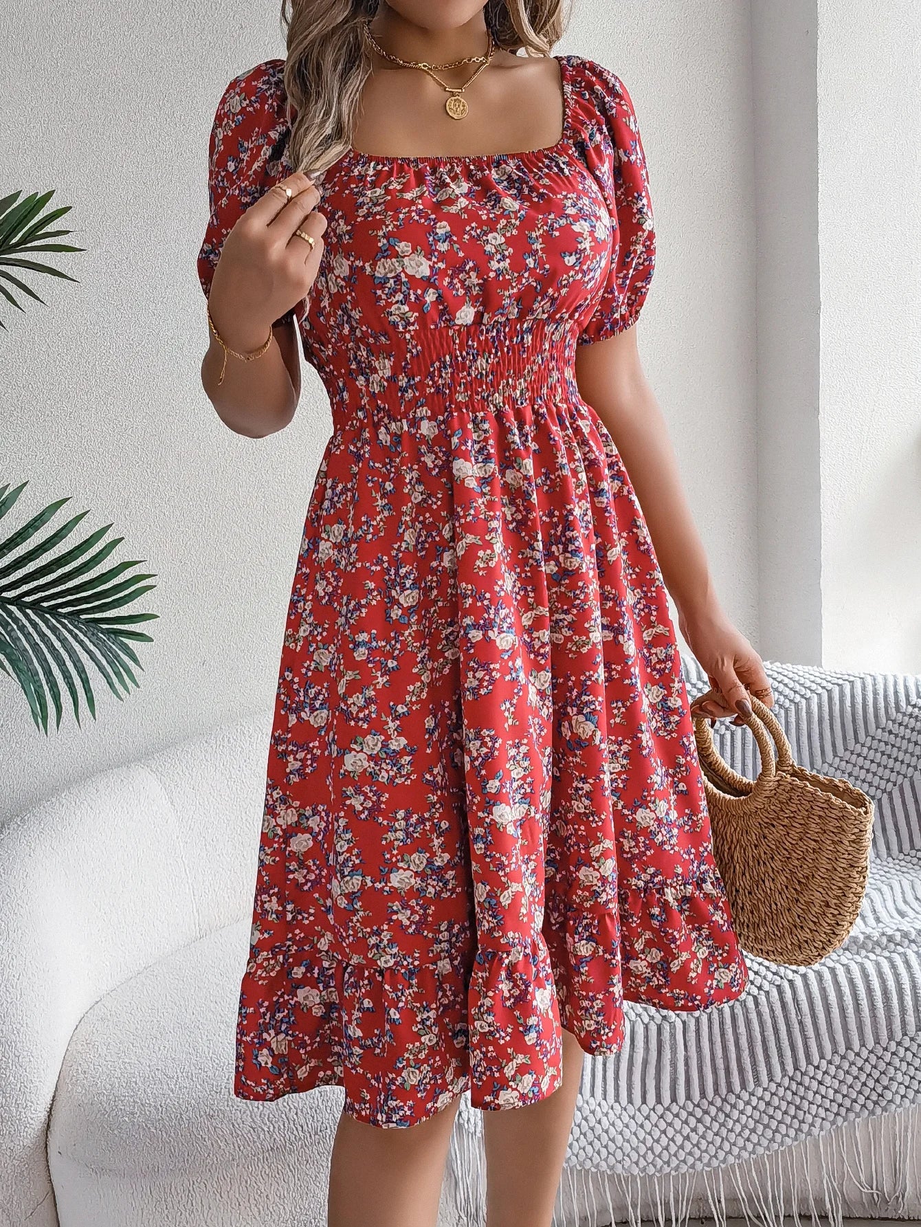 Floral Print Square Neck Dress With Shirred Waist Detail