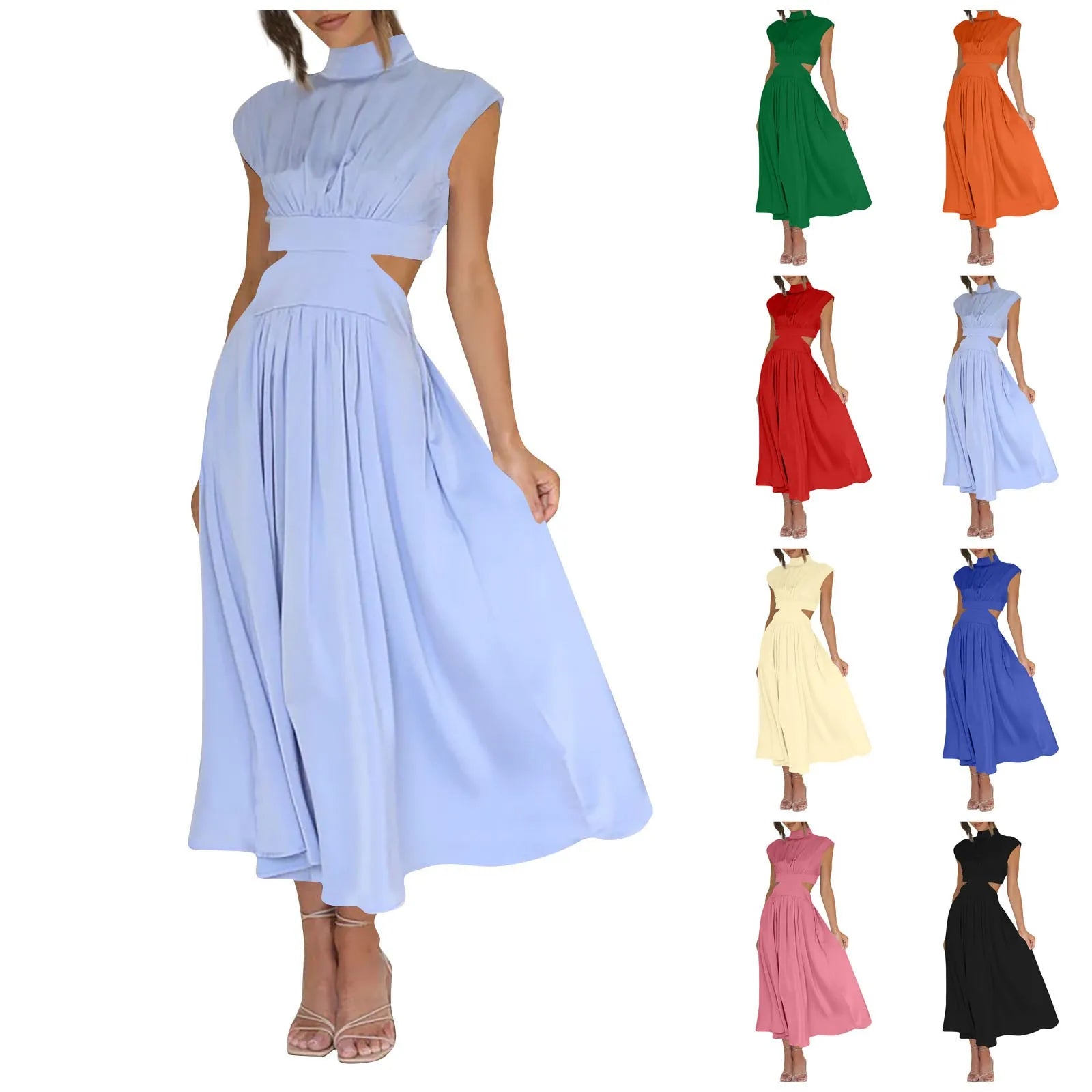 Solid Color High Waist Maxi Dress Sleeveless With Pockets