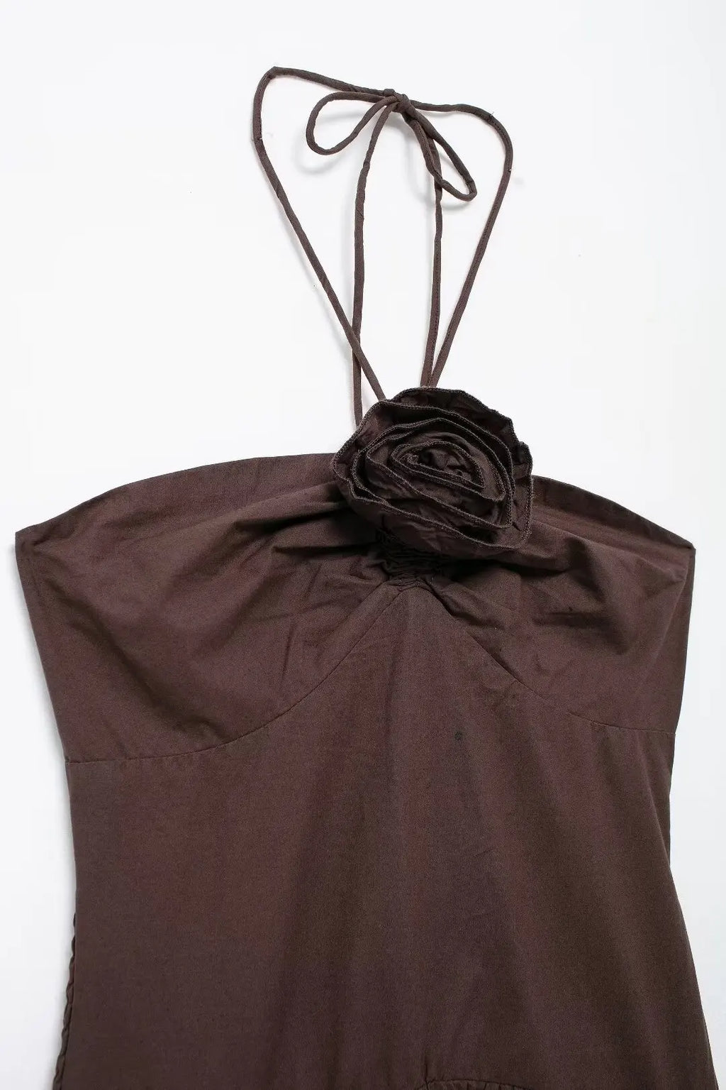 Brown Backless Halter Dress With Floral Embellishment