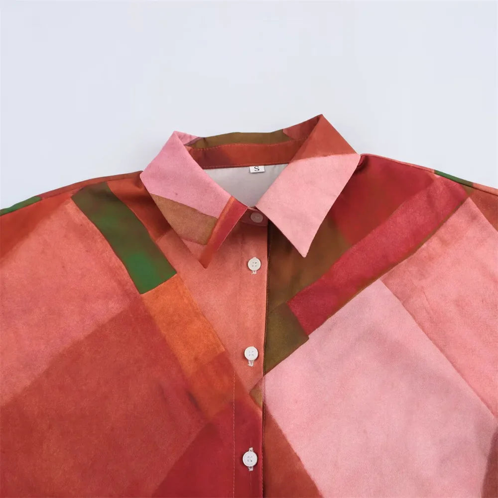 Spring Collar Long Sleeve Single Breasted Women's Casual Shirt with Geometric Print and Silk Texture