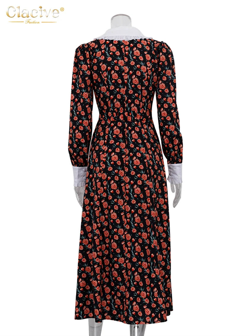 Office Midi Dress With Doll Collar Long Sleeves Elegant