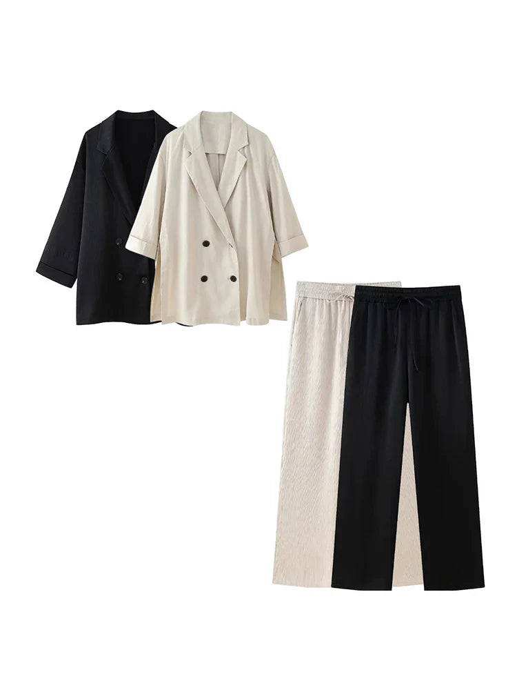 Women's Satin Blazer and High Waisted Straight Leg Pant Set with Crease Texture