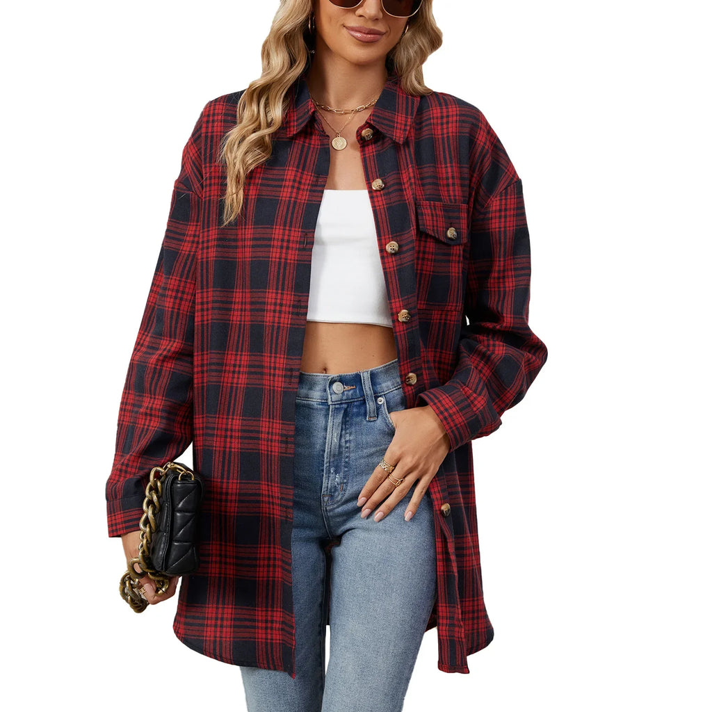 Women's Casual Plaid Button Up Blouse Long Sleeve Turn Down Collar Shacket Plus Size Loose Fit Streetwear Top