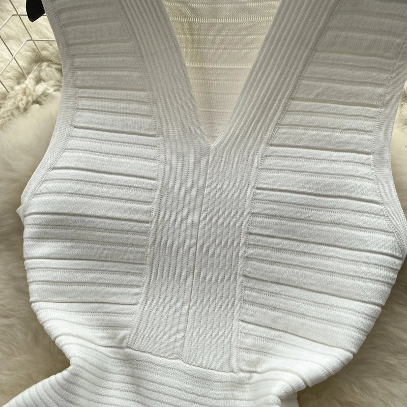 White Knit Tank Dress V Neck Sleeveless Bodycon Wrap Dress