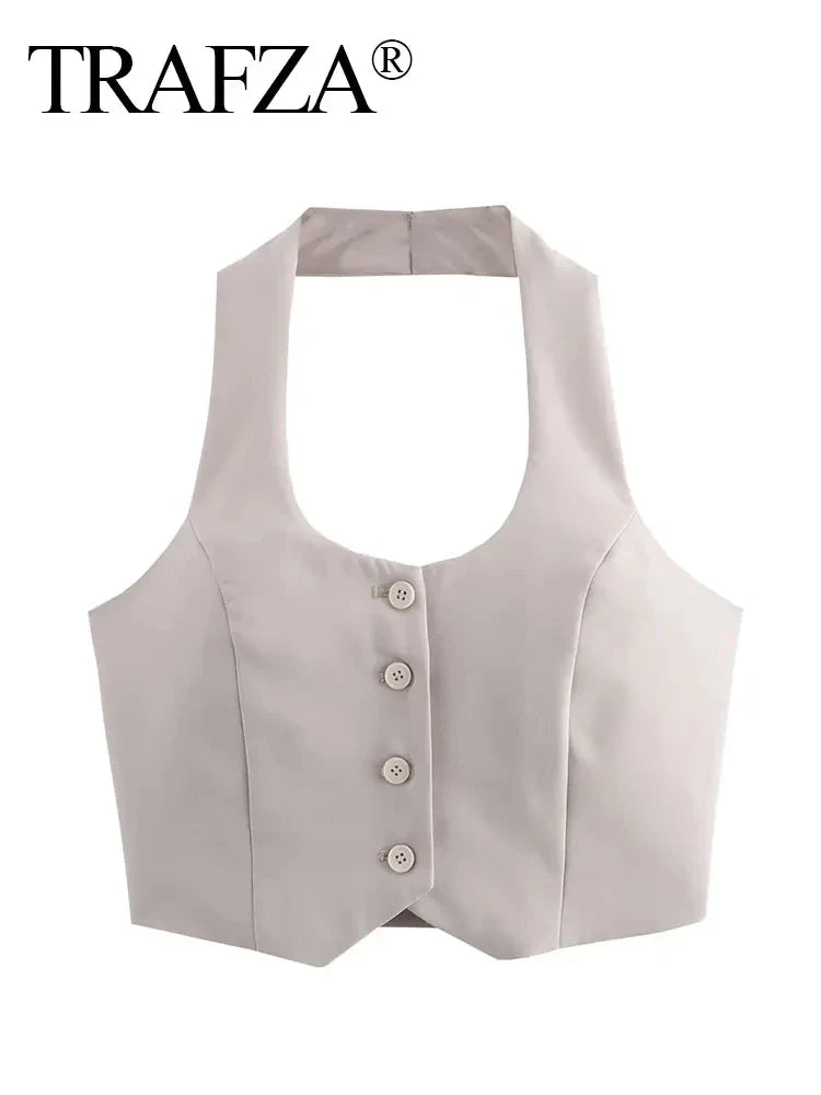 Halter Neck Solid Two Piece Set for Women with High Waist Long Pants and Stylish Vest Top