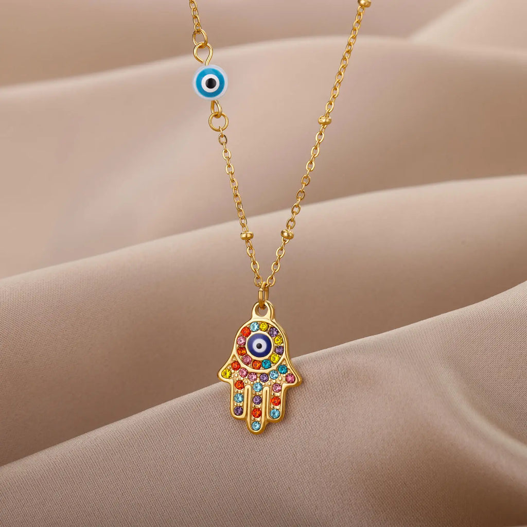 Turkish Hamsa Evil Eye Necklace for Women Stainless Steel Gold Color Charm Choker Jewelry Gift