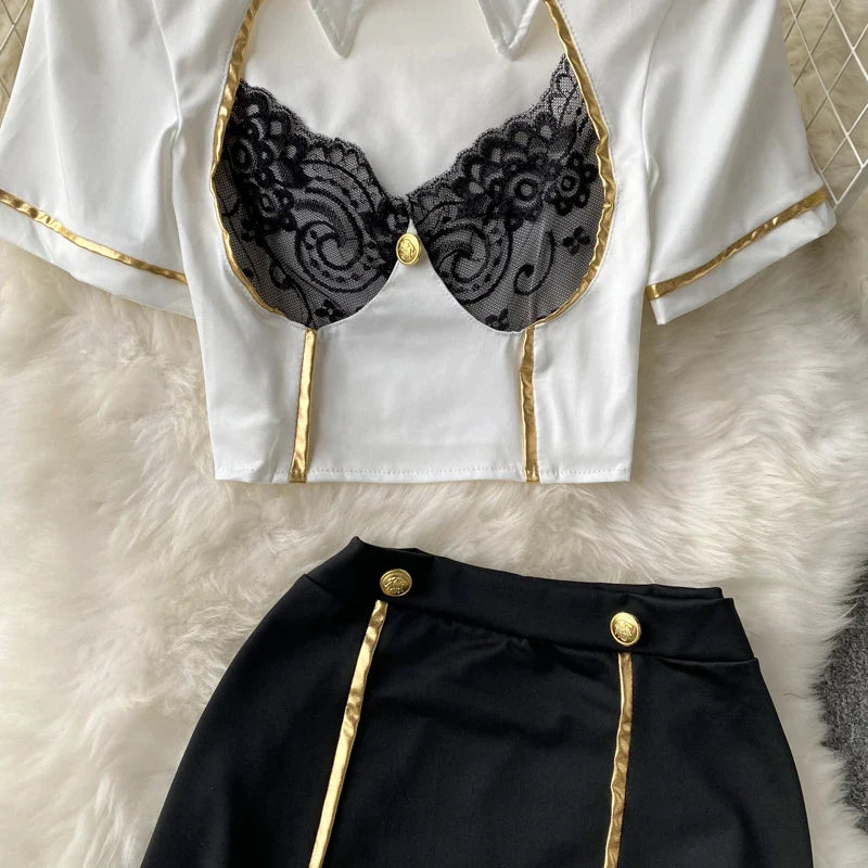 Women Sexy Lace Patchwork Hollow Skirt Suit Set with Turn-Down Collar Top Mini Skirt and Underpants 3-Piece Erotic Pajamas for Cosplay