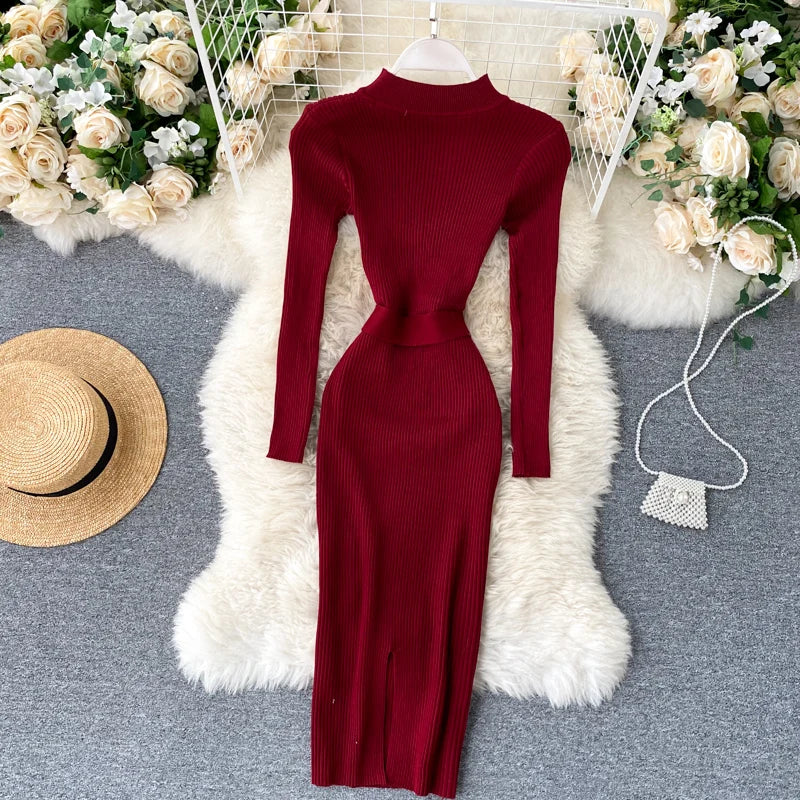 Womens Winter Knitted Dress Stand Collar With Sash Belt