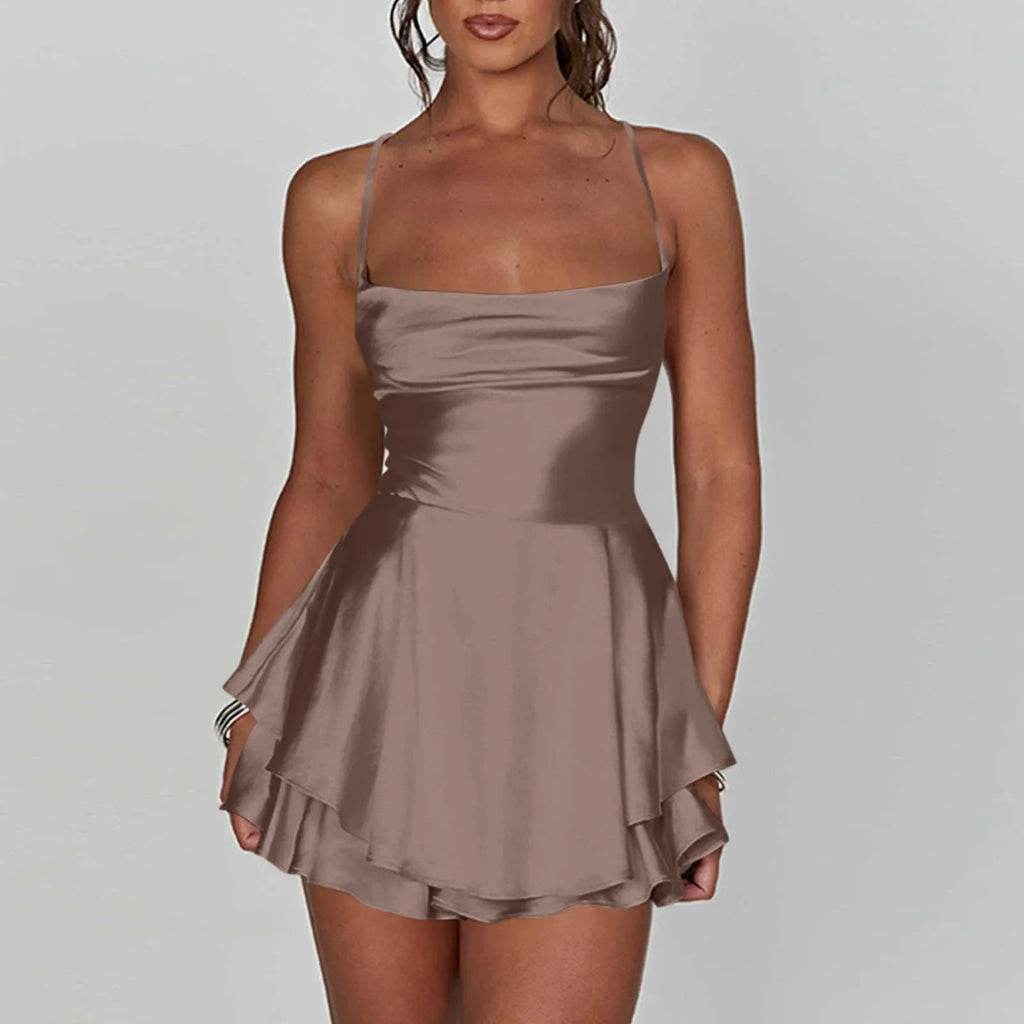 Backless Satin Party Dress With Cowl Neck Spaghetti Straps