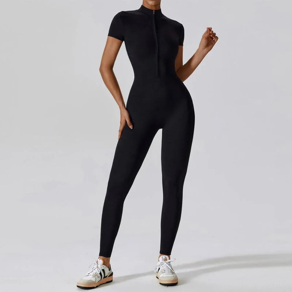 Womens Slim Fit Short Sleeve Yoga Jumpsuit Stretch One Piece Romper with Front Zipper Sexy Fitness Activewear Basic Sportwear