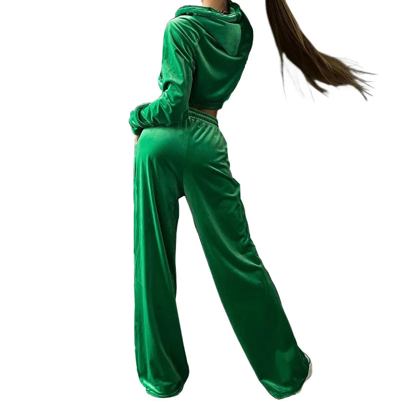Velvet Tracksuit Women Two Piece Set with Zipper Crop Coat and Long Pants Casual Outfit