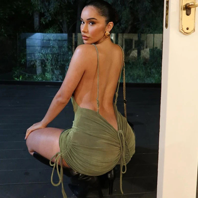 Peach Backless Bodycon Dress With Spaghetti Straps Party