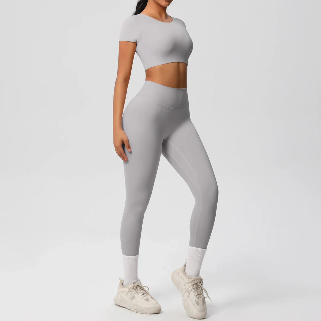 Yoga Set for Women Fitness Sportswear with Short Sleeve Top and High Waist Leggings