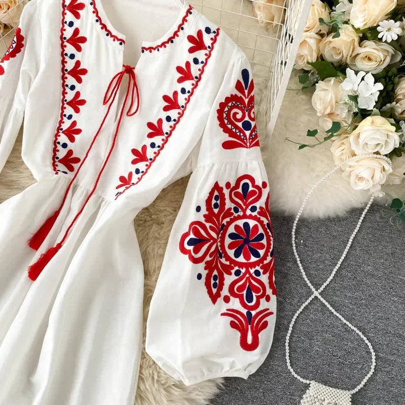 Bohemian Embroidered Floral Dress With Lantern Sleeve