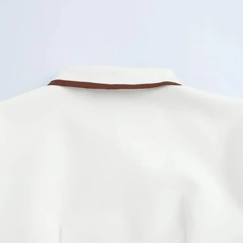 White Pleated Polo Shirt Dress With Short Sleeves Casual