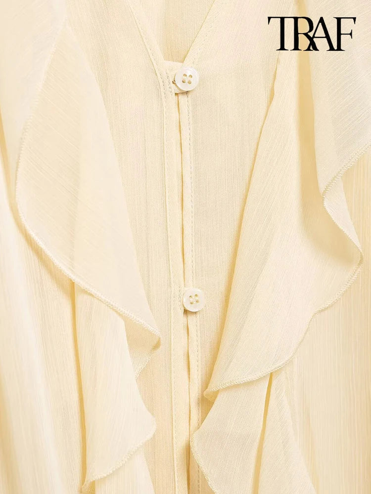 Elegant Solid Color Multi-Layered Ruffle V-Neck Sheer Long Sleeve Loose Blouse for Women