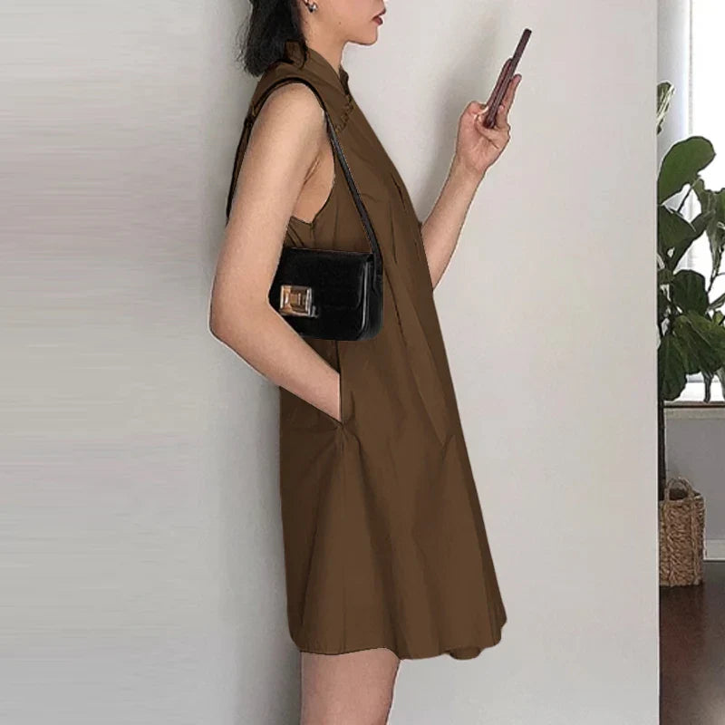 Mandarin Collar Pleated Sundress Women Sleeveless A Line