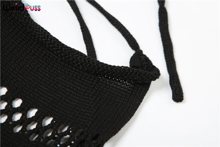 Weird Puss Bandage Knit Halter Jumpsuit with Gloves Women Stretch Sexy Backless Hollow Skinny Street Style Stacked Workout Overalls