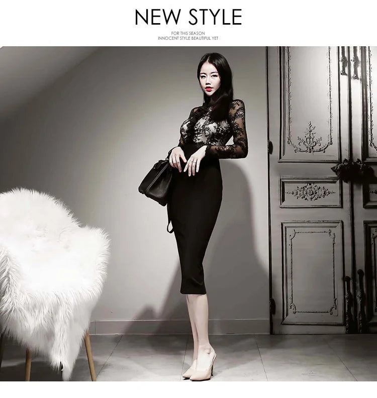 Korean Lace Bodycon Dress Women Office Sheath Pencil