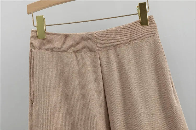 Winter Casual Knitted Cardigan and Wide Leg Pant Set for Women - Long Sleeve Sweater Tracksuit