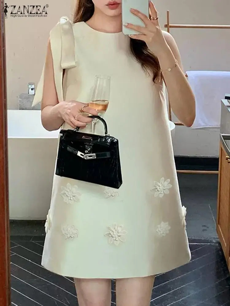 Elegant Korean Flower Bow Sleeveless Mini Dress For Women