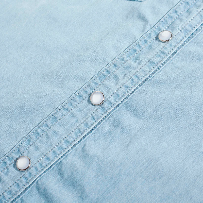 Elegant Sky Blue Denim Shirt for Women Long Sleeve Blouse with Pearl Buttons and Front Pockets Breathable Cotton Korean Style Top